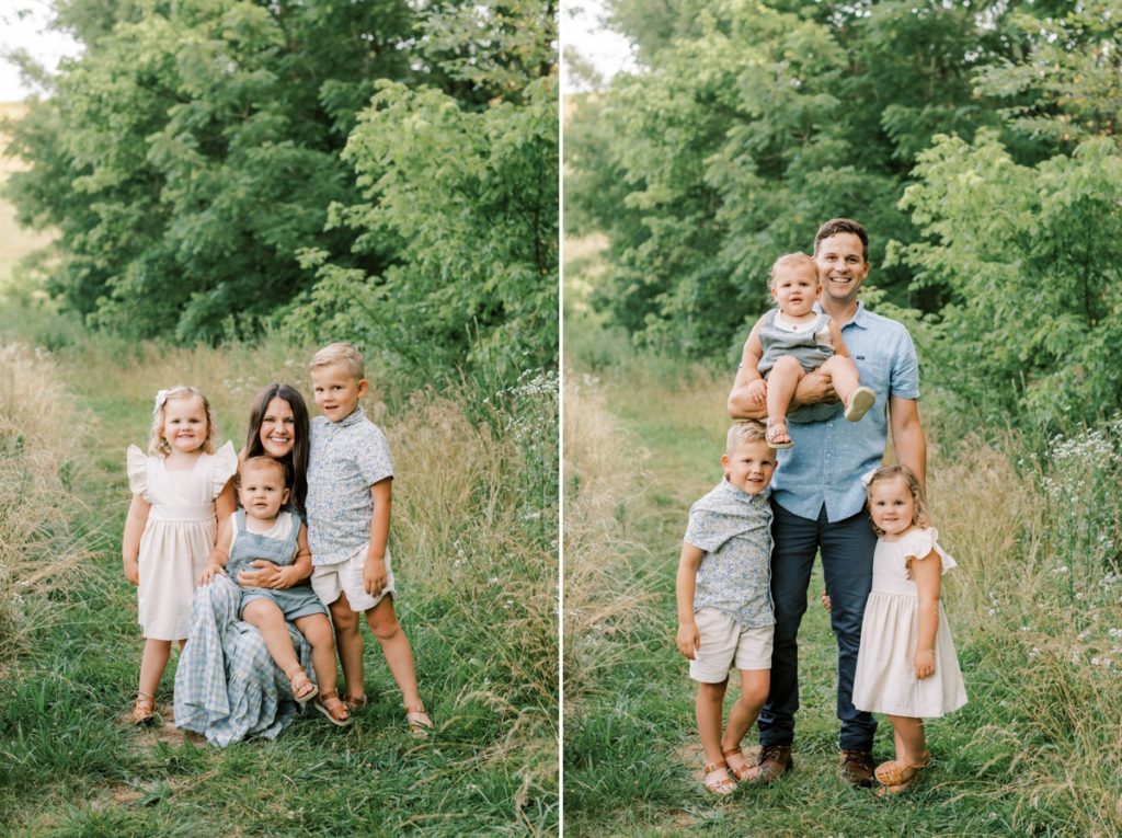 Collage of a mom with her three kids smiling and another of a dad with his three kids.