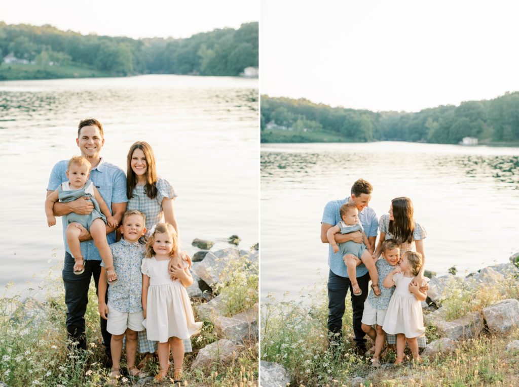 Collage of a mom and dad smiling with their three kids on the edge of a lake in Tanyard Creek.