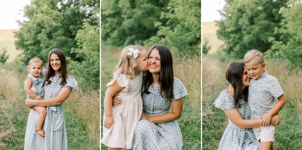 Collage of a mother with each of her three kids smiling and snuggling in a field at Tanyard Creek. 