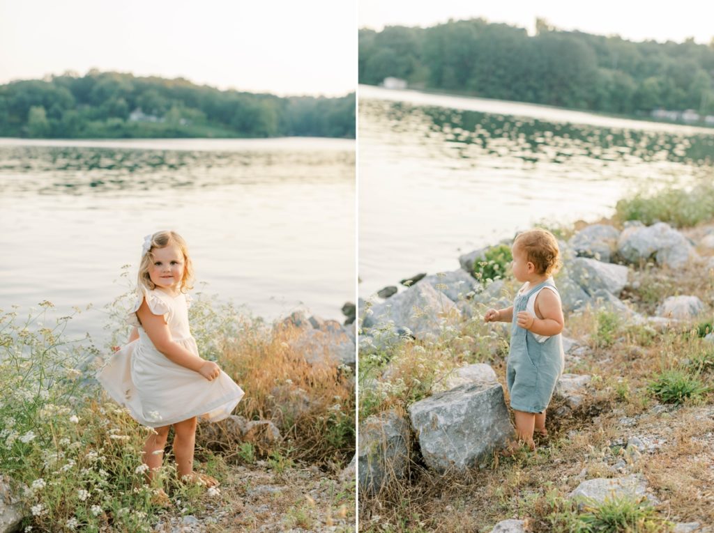 Collage of a little girl and a little boy playing on the shoreline of Tanyard Creek.