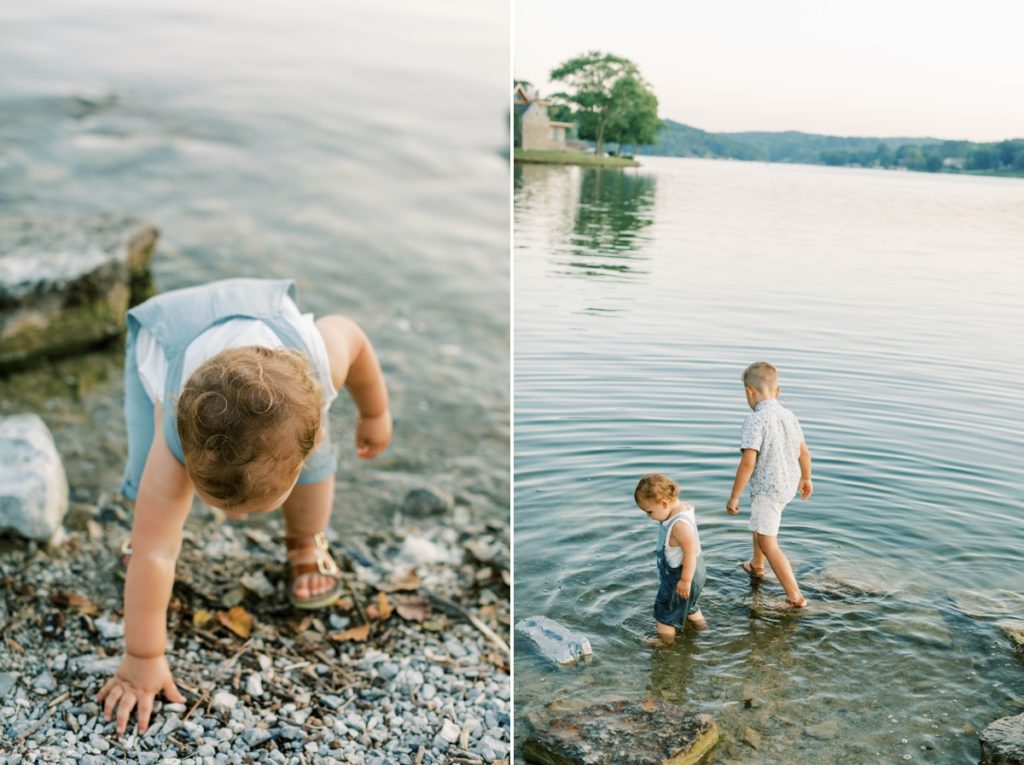 Collage of a little boy picking up a rock off a lakeshore and two little boys wading in the water.