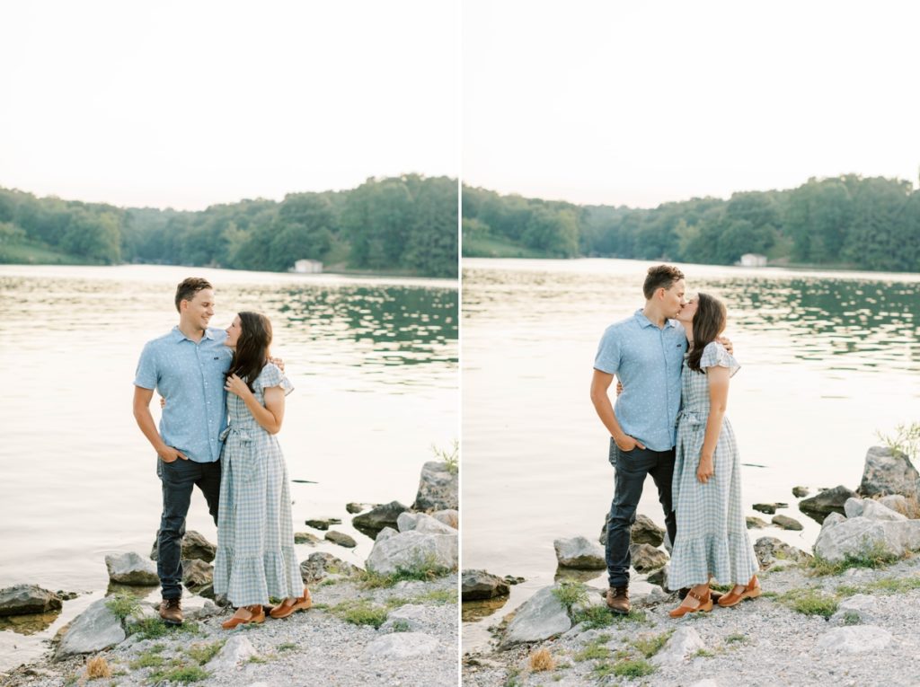 Collage of a man and his wife smiling and kissing at Tanyard Creek during their family session.