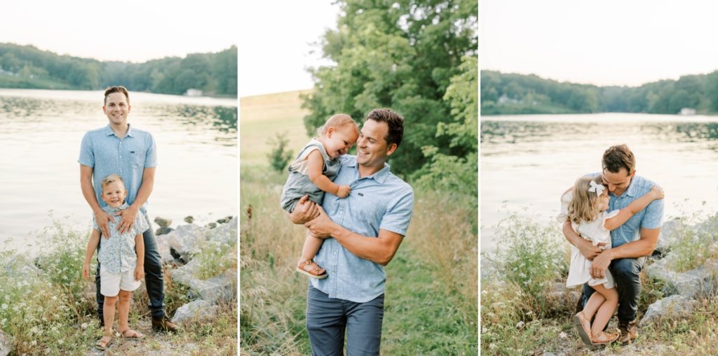 Collage of a father with each of his three kids on the edge of a lake laughing.