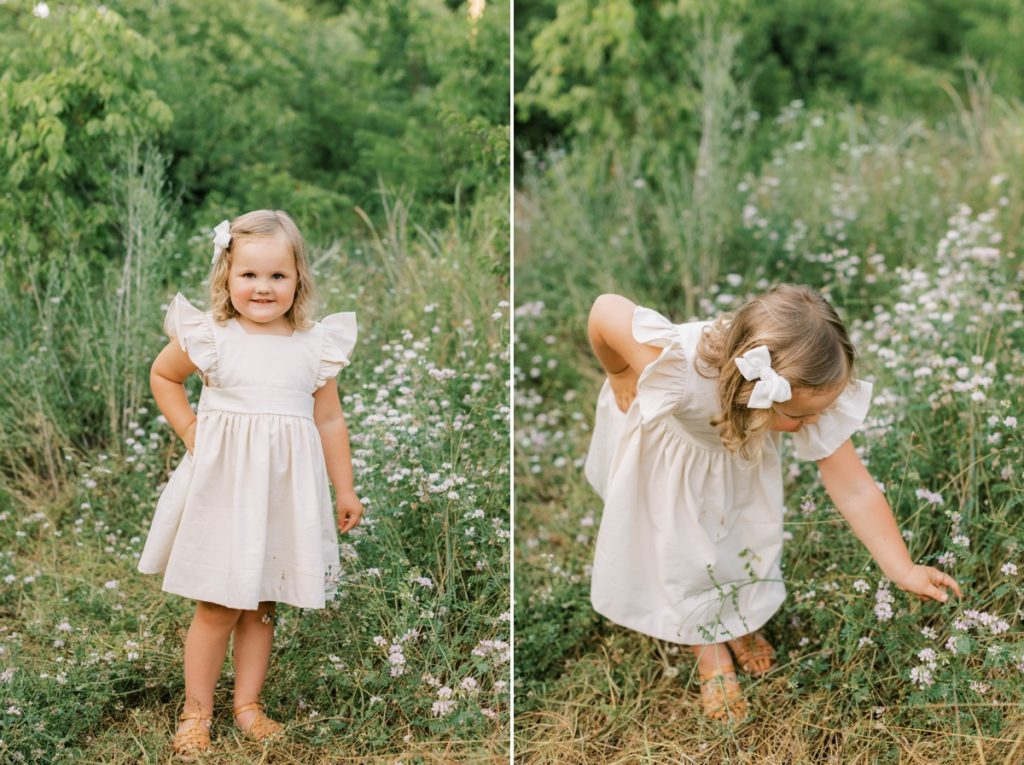 Collage of a little girl smiling in a flower field and picking flowers.