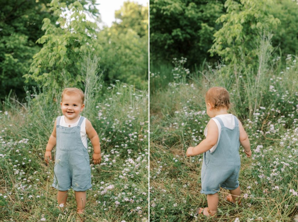 Collage of a little boy playing in a flower field.