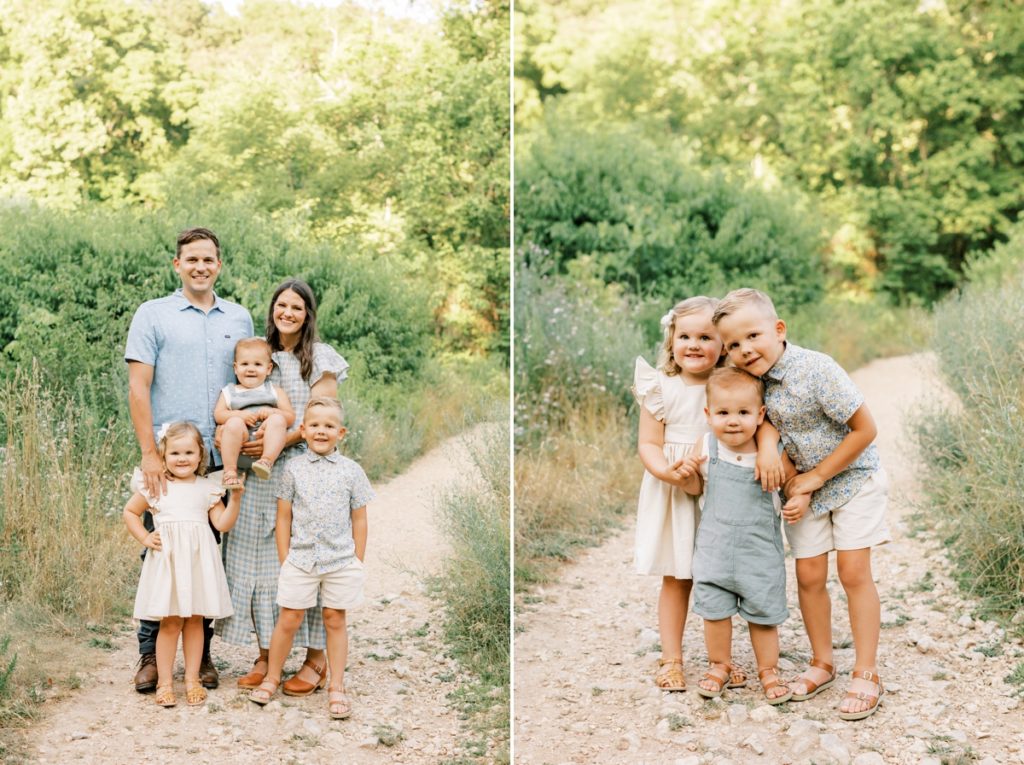 Collage of a family of five and a photo of the three kids smiling in a field.