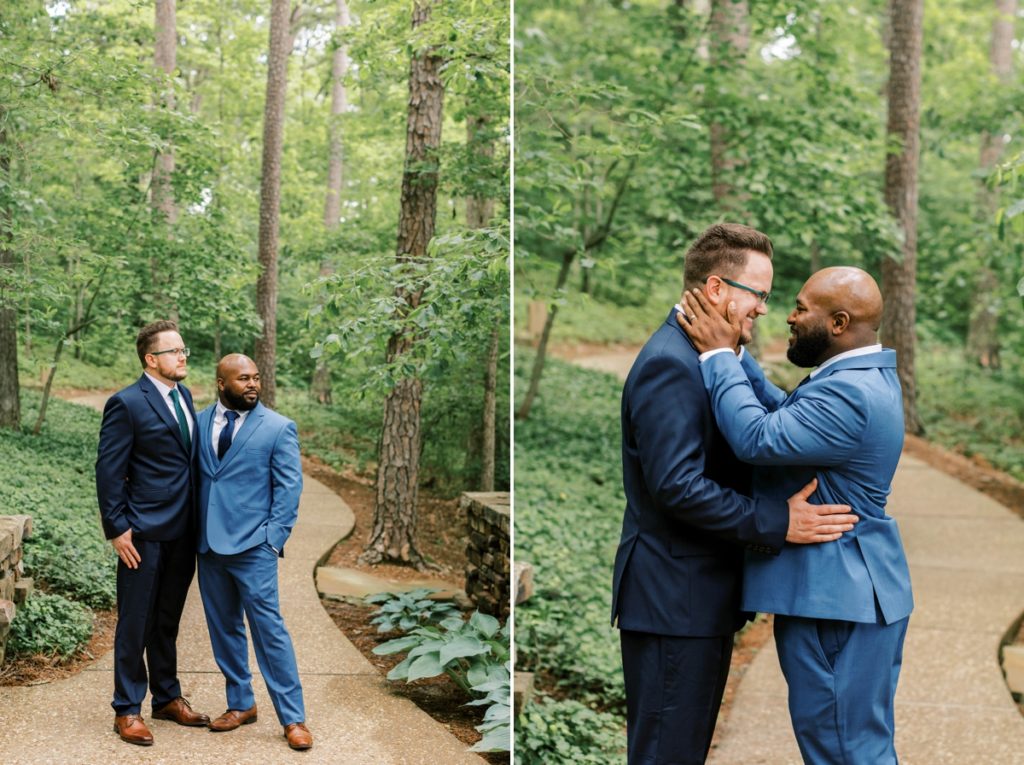 Collage of the grooms looking off into the distance and of one groom holding the other's face while he smiles.