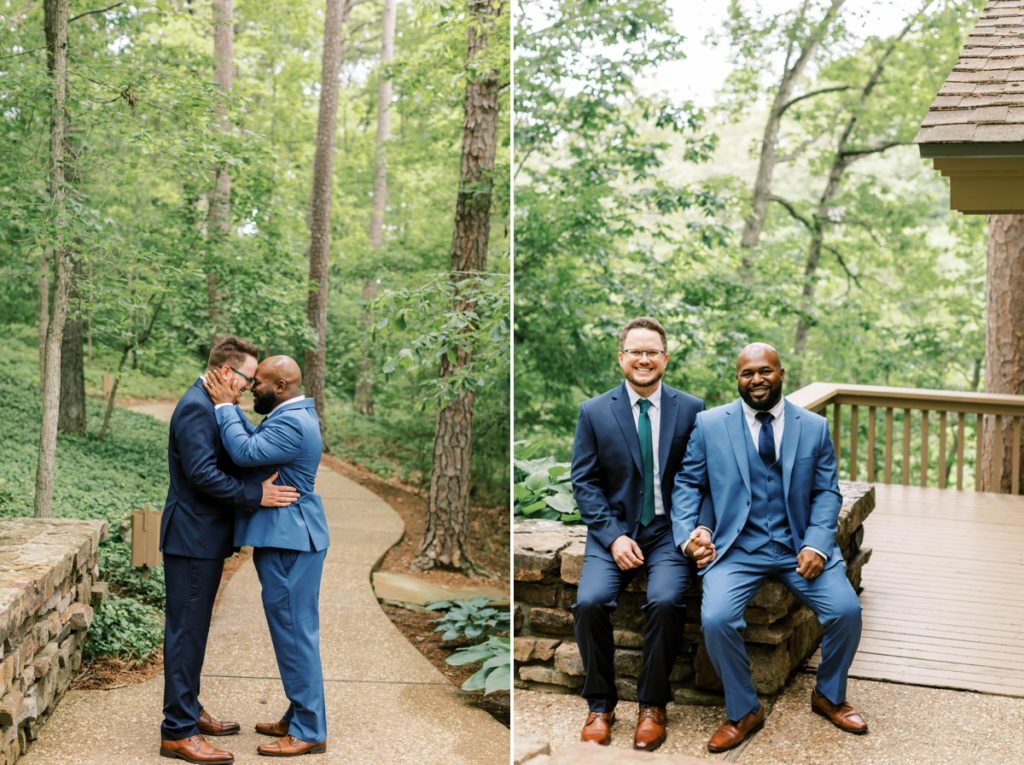 Collage of two grooms with their foreheads together on their wedding day and them sitting together holding hands.