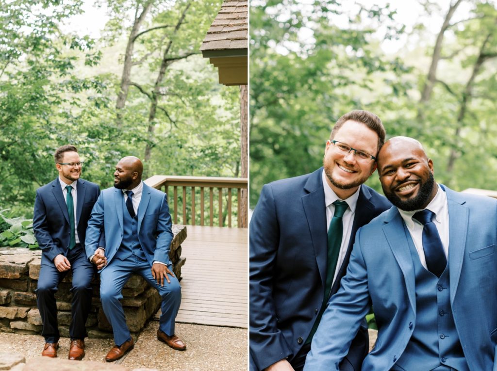 Collage of two grooms sitting together smiling at each other on their wedding day and them leaning their temples together.