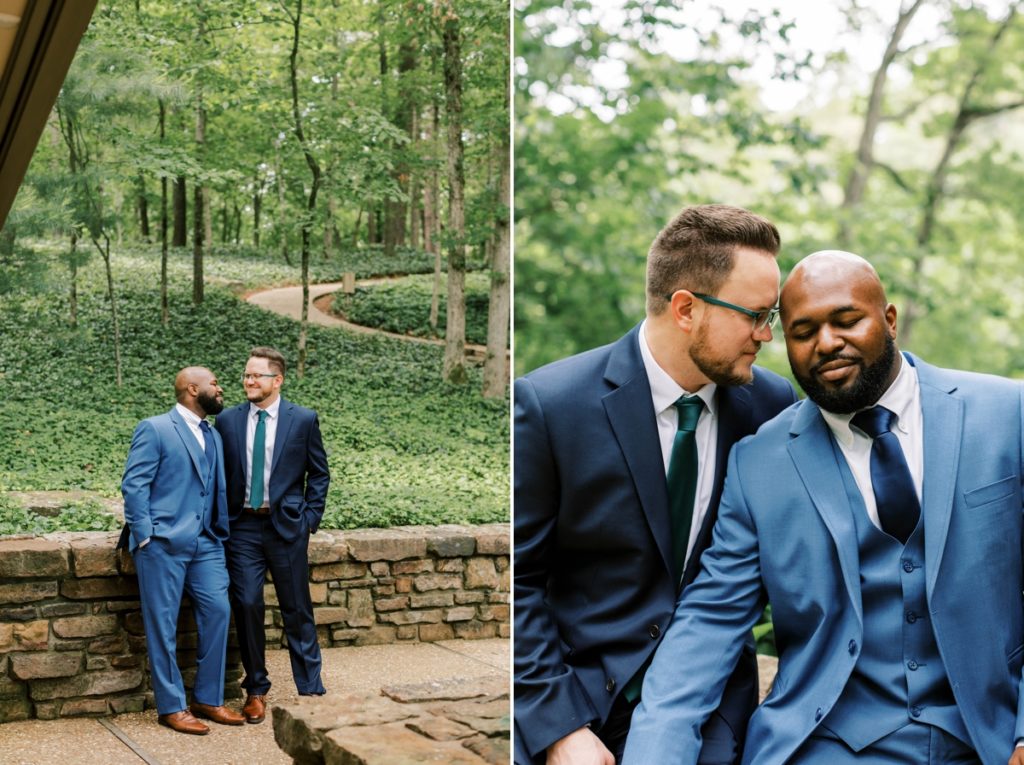 Collage of two grooms standing under a tree smiling at each other and one groom smiling at the other.