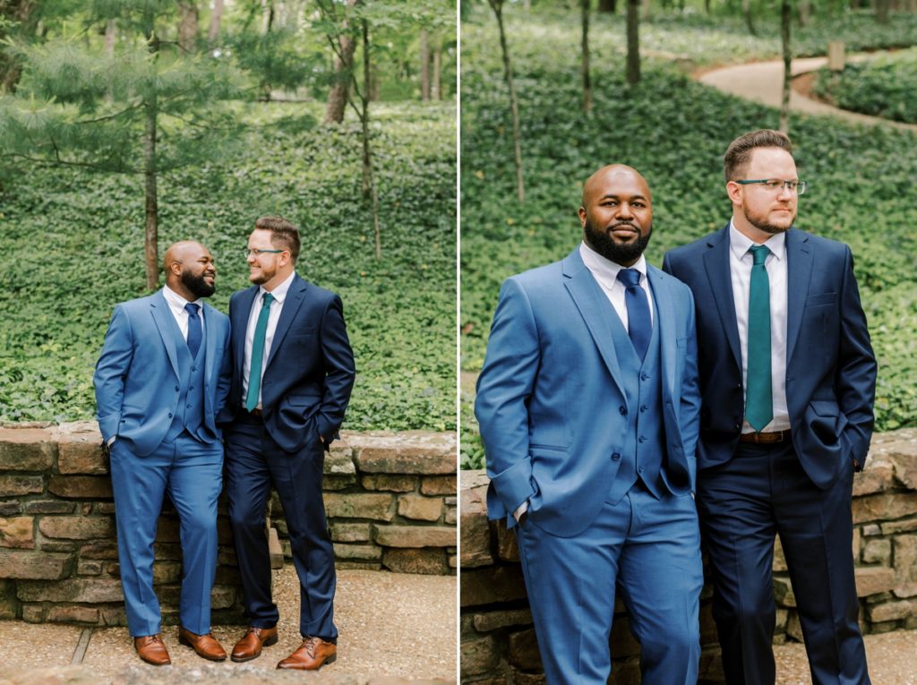 Collage of two grooms smiling at each other on their wedding day and then looking off into the distance together.