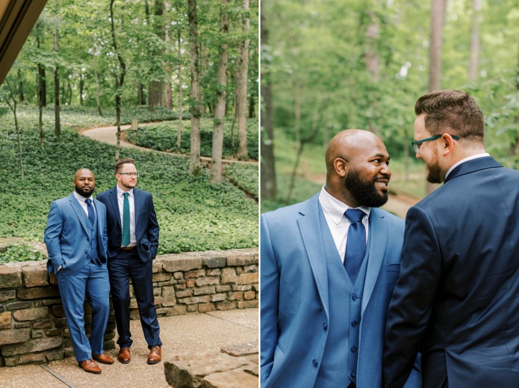 Collage of two grooms leaning against a wall looking off into the distance and of them looking into each other's eyes smiling on their wedding day in Arkansas.