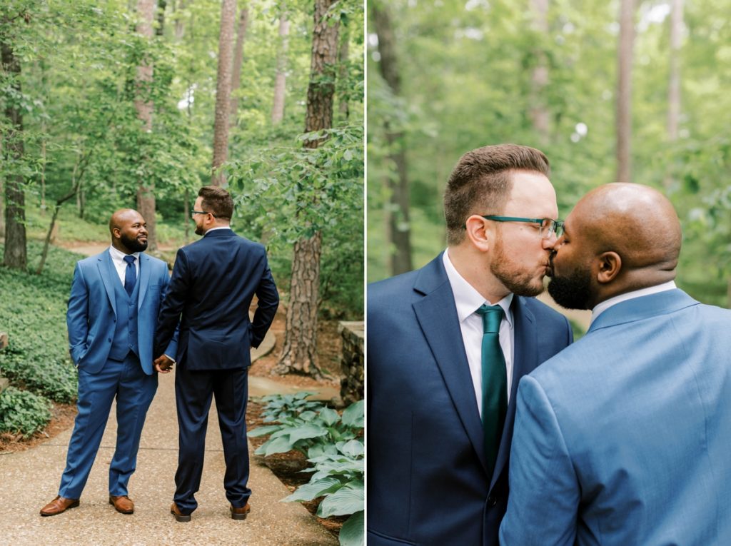 Collage of two grooms smiling at each other and kissing on their wedding day at Cooper Chapel.