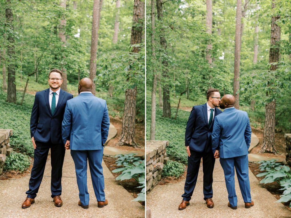 Collage of two grooms, one with his back to the camera and the other smiling at the camera - grooms kissing each other in the garden outside Cooper Chapel.