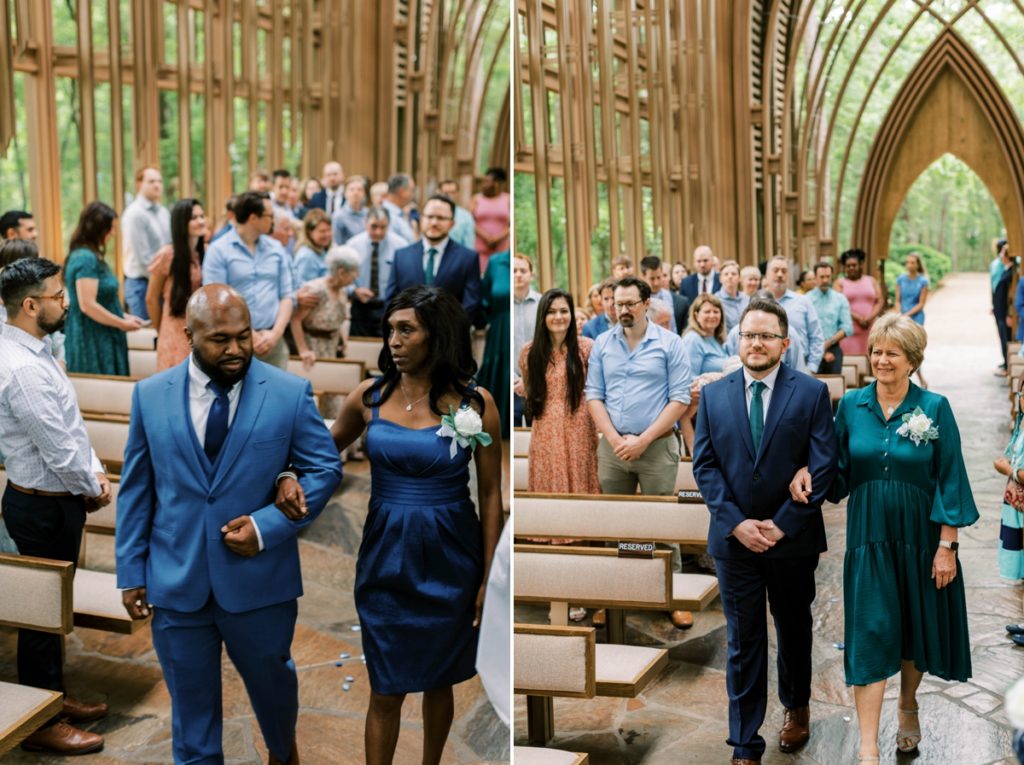 Collage of each groom walking his mom into the ceremony.