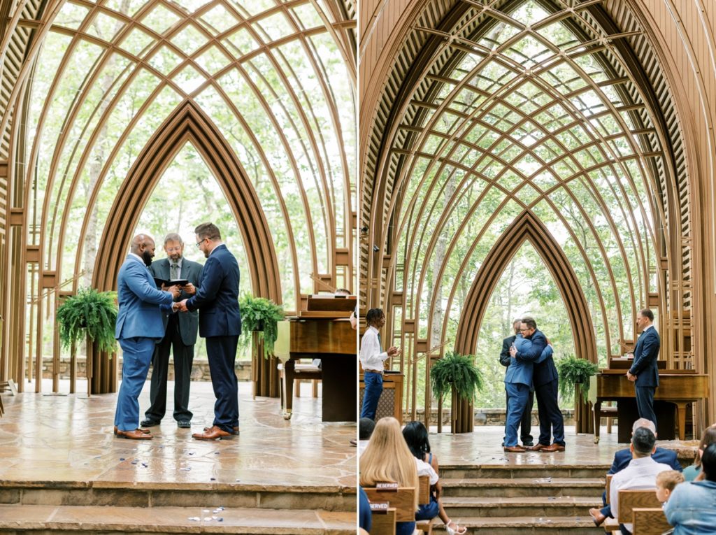 Collage of the grooms exchanging wedding bands and hugging during their wedding ceremony in Arkansas.