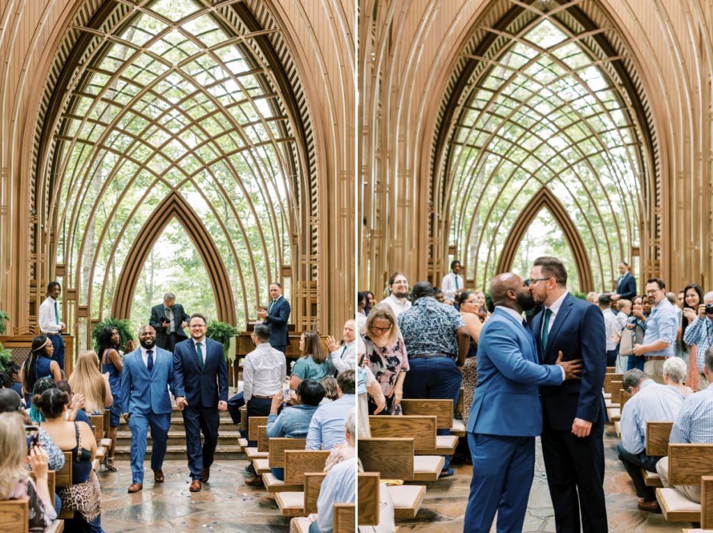 Collage of the grooms walking back up the aisle after being married and kissing at the end of the aisle.