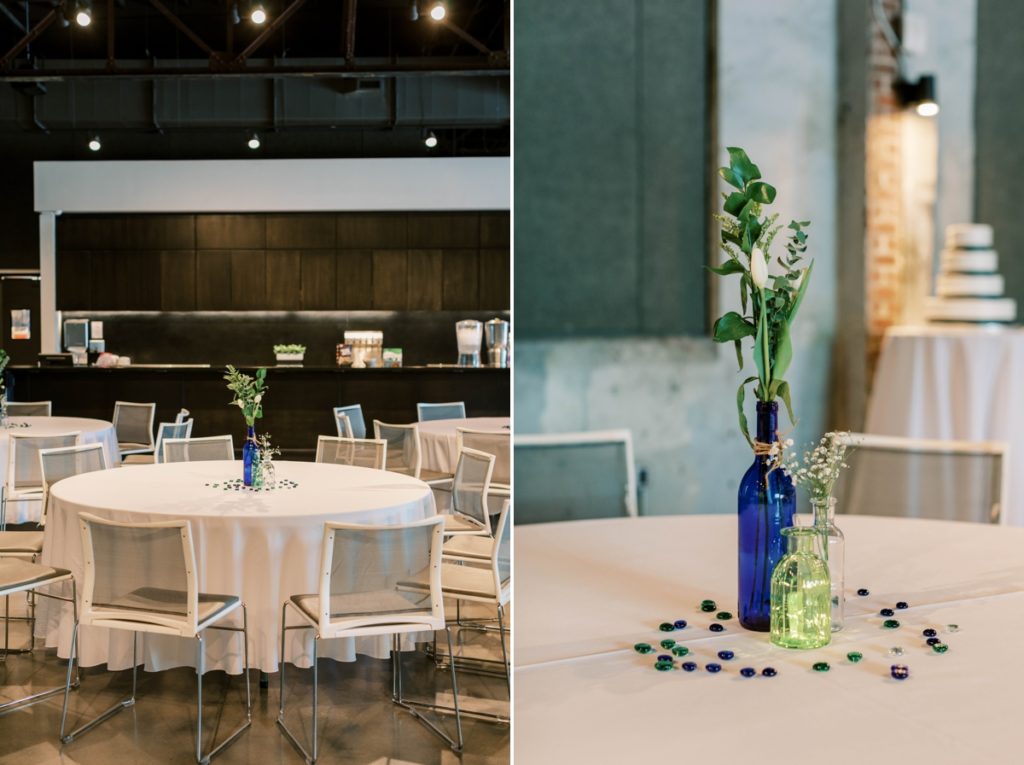 Collage of reception tables with blue, green and white bottles decorating the tables with greenery.