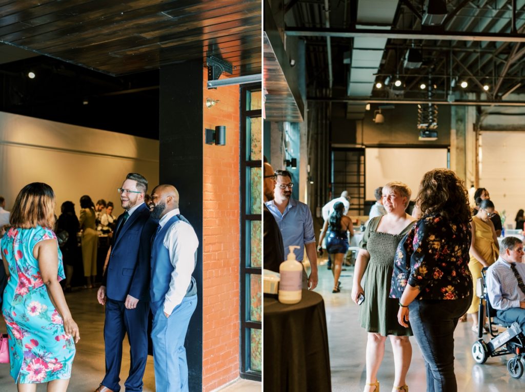 Collage of guests mingling and talking during the wedding reception at Record Downtown in Arkansas.