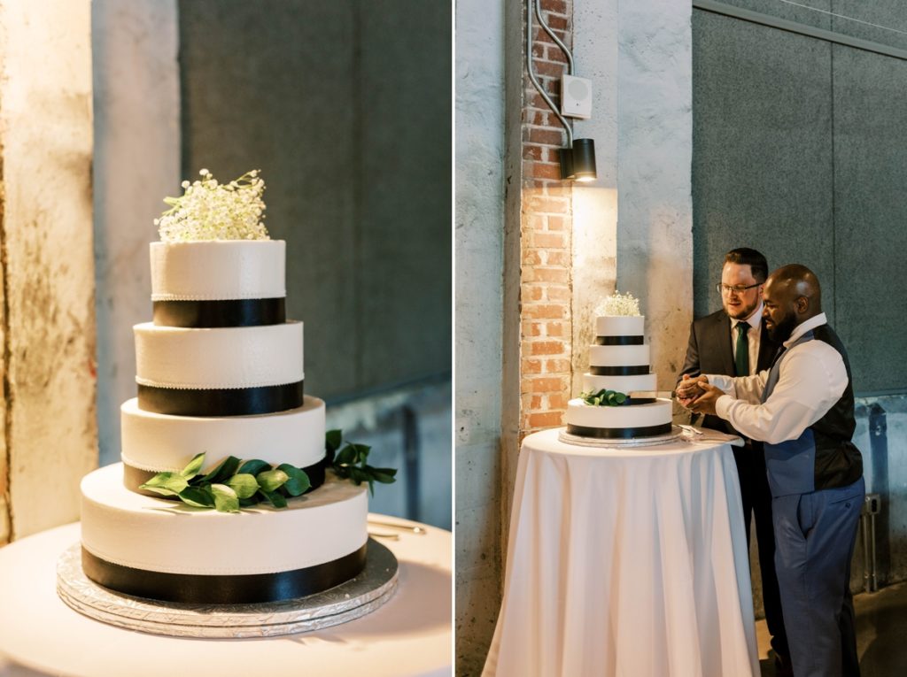Collage of the wedding cake and the grooms during their cake cutting.