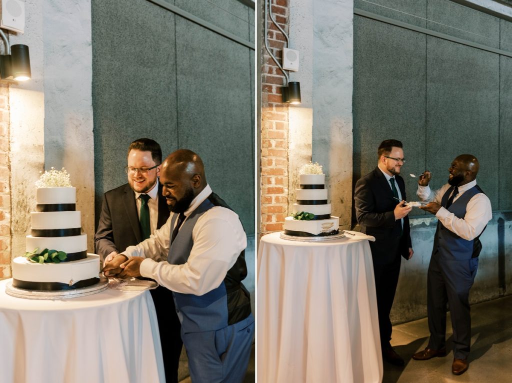Collage of the grooms during their cake cutting at Record Downtown.