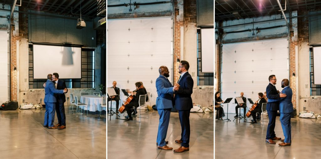 Collage of the grooms during their first dance as husbands.