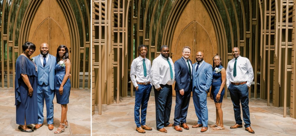 Collage of the grooms with one side of their family in front of Cooper Chapel