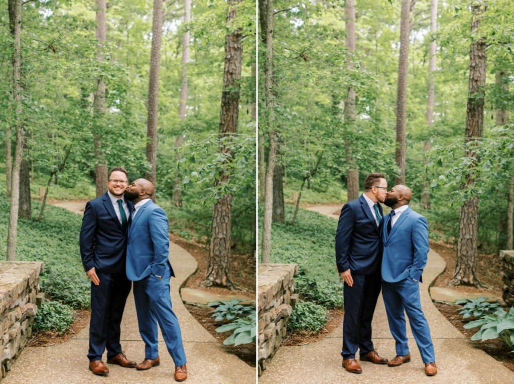 Collage of one of the grooms kissing the other's cheek and the grooms sharing a kiss after they were married.