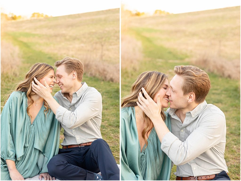 Collage of Jillian and Craig sitting in a field during a Bella Vista Engagement