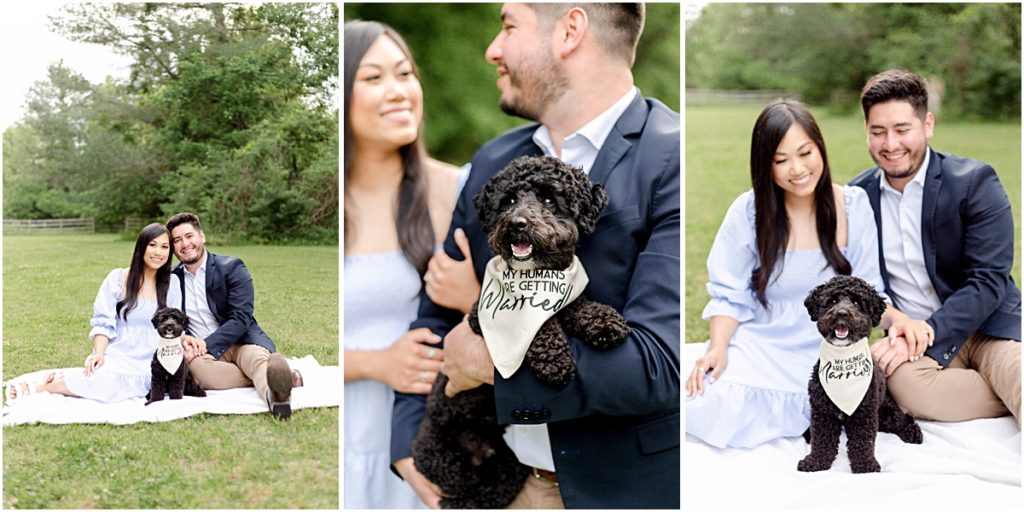 Collage of Jorge and Carina with their dog during a picnic during Fayetteville Engagement Session