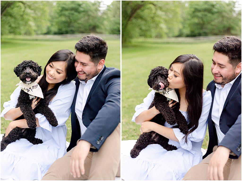 Collage of Jorge and Carina with their dog during Fayetteville Engagement Session