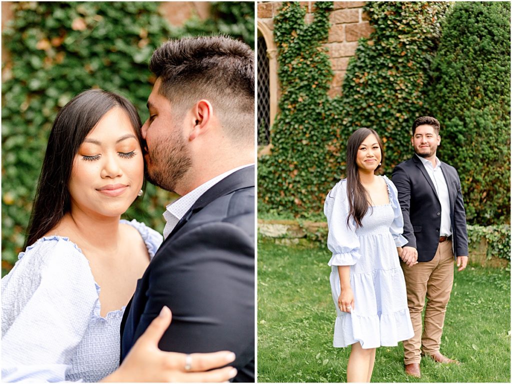 Collage of Jorge and Carina nuzzling in front of St. Catherine's and holding hands during Fayetteville Engagement Session