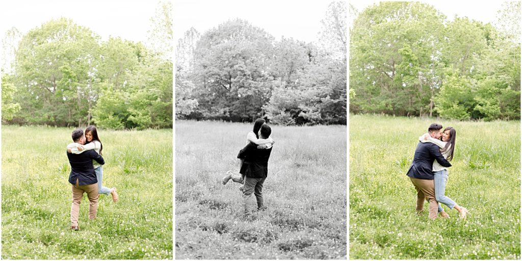 Collage of Jorge picking up Carina and spinning her around in a filed during a Fayetteville Engagement Session