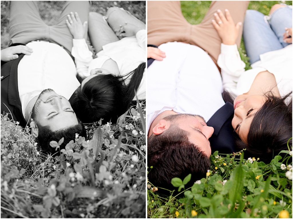 Collage of Jorge and Carina laying in a field, nuzzling and looking into each others eyes during Fayetteville Engagement Session
