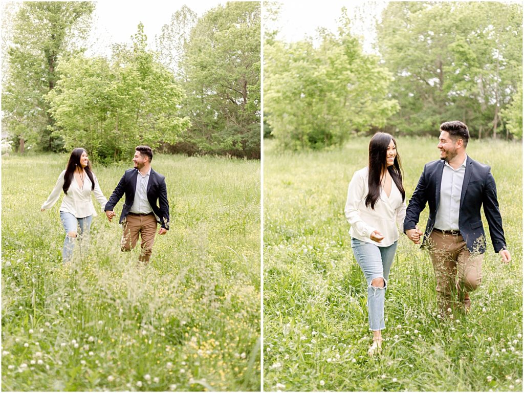 Collage of Jorge and Carina walking through a field