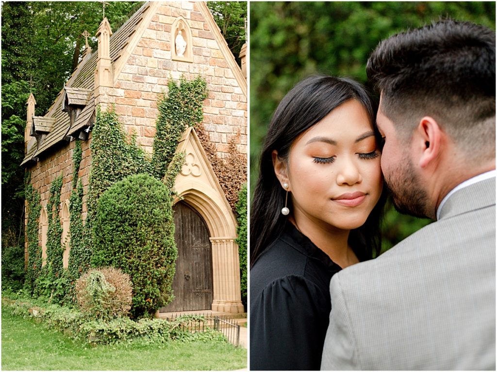 Collage of Jorge and Carina nuzzling and a detail shot of the cathedral during Fayetteville Engagement Session