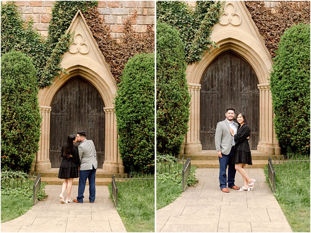 Collage of Jorge and Carina standing in front of arched doors on a walkway during Fayetteville Engagement Session