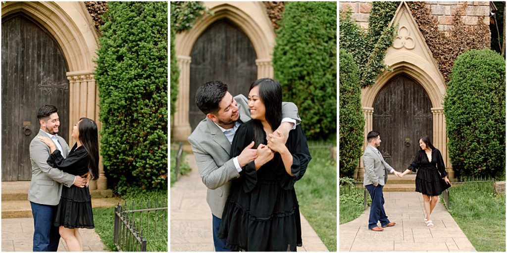 Collage of Jorge and Carina in front of arched doors while hugging, holding hands and nuzzling