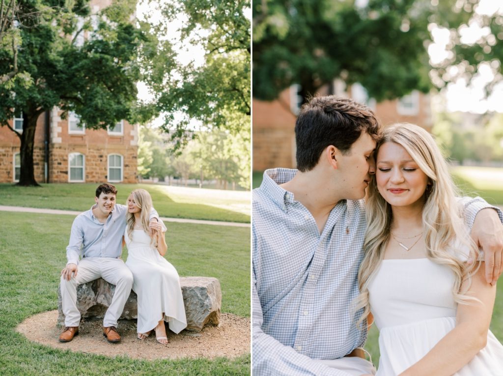 Collage of a couple sitting on a rock during their engagement session looking at each other smiling and the man whispering in his fiance's ear during their engagement session.
