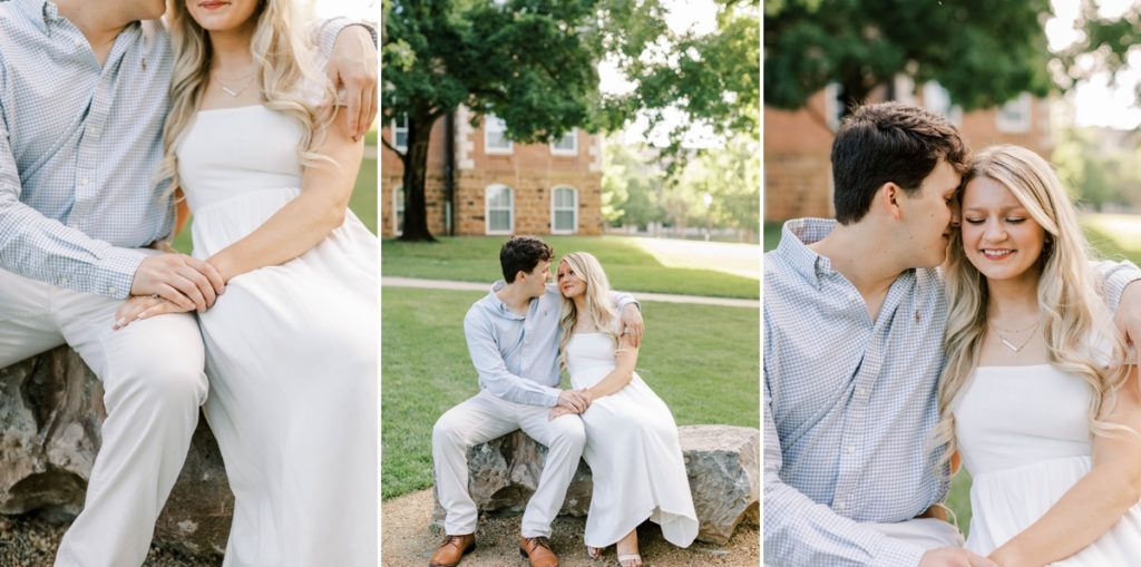 Collage of a far away, a middle and a close up photo of a couple sitting on a rock at the University of Arkansas holding hands and looking at each other.