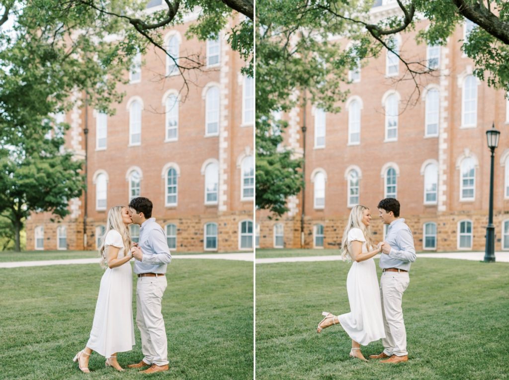 Collage of a man and woman holding hands and looking at each other while they kiss in front of the University of Arkansas.
