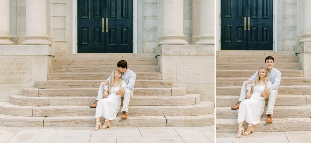 Collage of a couple sitting on the stone stairs of a building at the University of Arkansas smiling while the groom kisses his bride's forehead.
