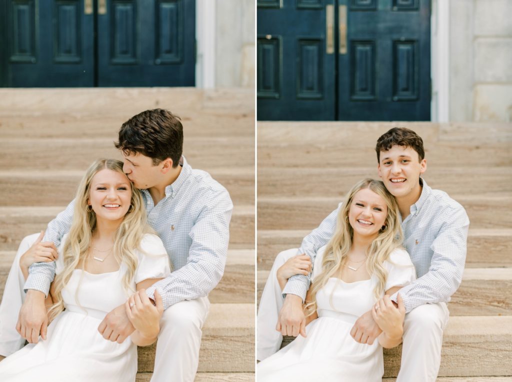 Collage of a couple sitting on the stone stairs of a building while the man kisses his fiance's forehead and they both smile.