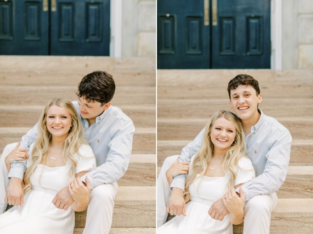 Collage of a couple sitting on the stone stairs of a building while the man kisses his fiance's forehead and they both smile.