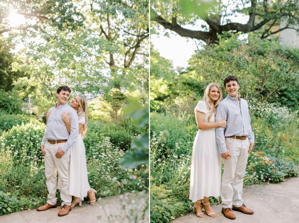Collage of a woman standing behind her fiance with her arms wrapped around him during their engagement session.
