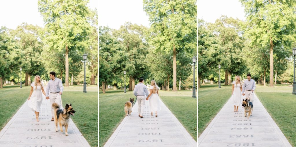 Collage of a couple walking back and forth down a walkway at the University of Arkansas with their dog.