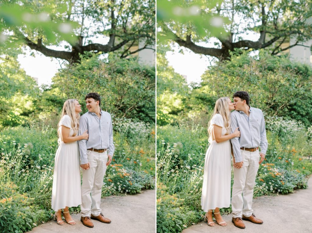 Collage of a woman holding on to her fiance's arm while they smile at each other and kiss during their engagement session in Arkansas.