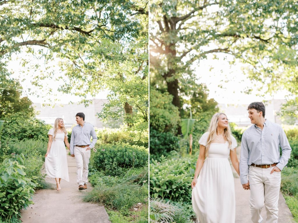 Collage of a couple walking through a garden at the University of Arkansas smiling at each other.