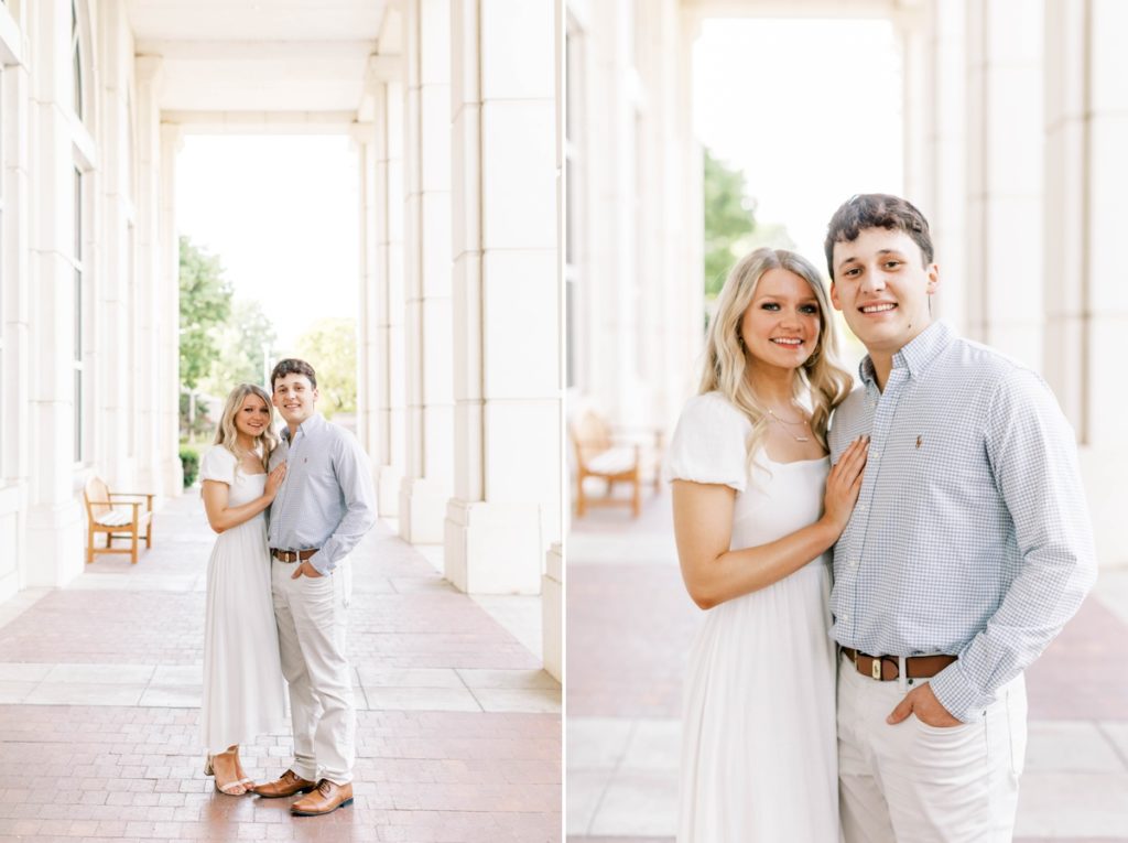 Collage of a couple standing close and smiling during their engagement session at University of Arkansas.