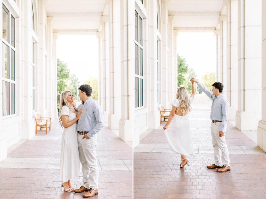 Collage of a couple dancing in the corridor of a building during their engagement session at University of Arkansas.